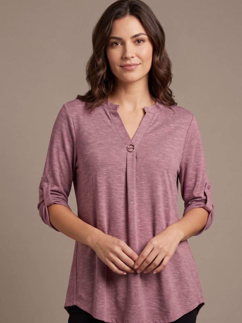 NWT | Casuashion Mauve Rose Melange Roll-Tab Sleeve Split Neck Blouse Medium